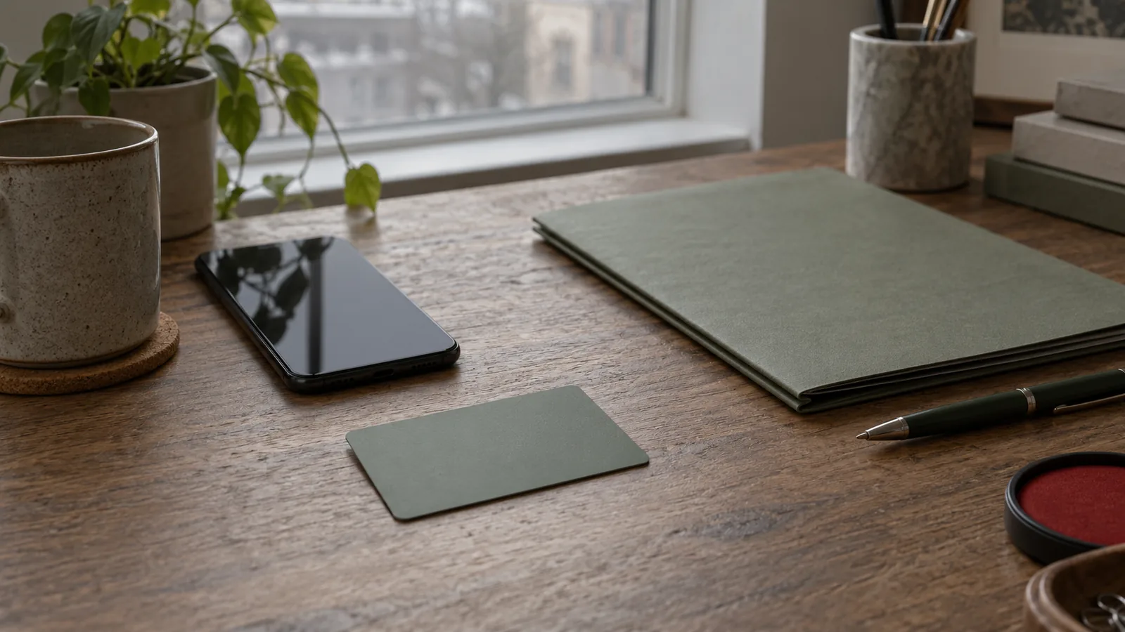 Schlichter Schreibtisch mit unbeschrifteter Karte und dunklem Smartphone