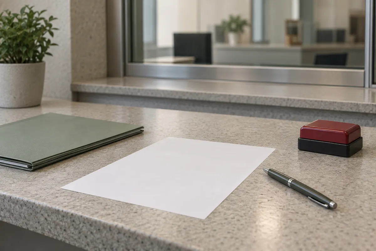 Leeres Blatt und Stift auf einem neutralen Verwaltungstresen