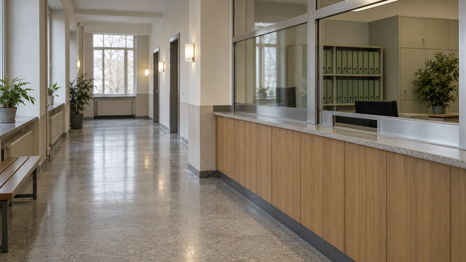 Leerer Verwaltungsgang mit geschlossenem Schalter