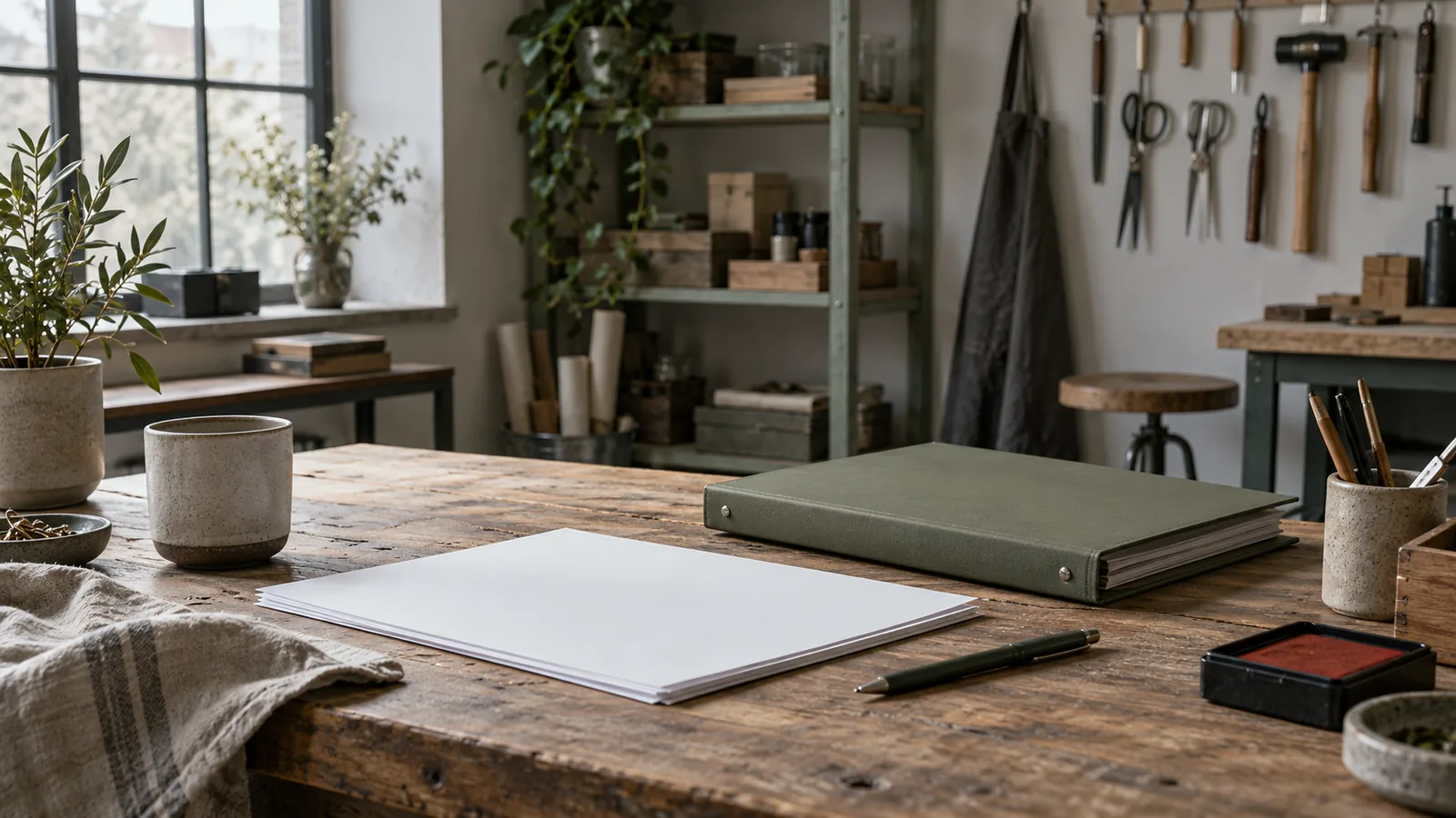 Kleines vorbereitetes Atelier mit leerem Papier und grünem Ordner