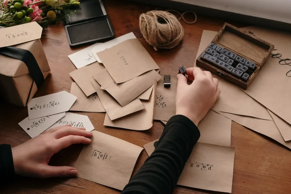 Hände ordnen kleine Papierkarten und Holzstempel auf einem Tisch